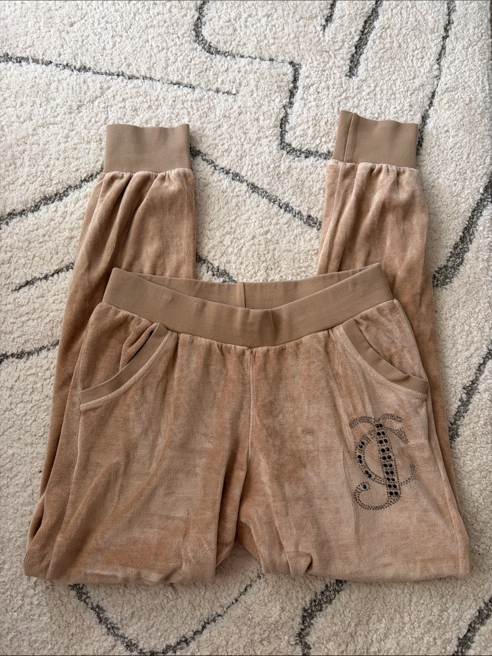 Tan Vintage Juicy Couture Velour Joggers with Embellished diamond Monogram